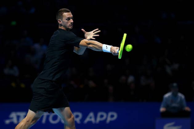 10th November 2019; 02 Arena. London, England; Nitto ATP, Tennis Herren Tennis Finals; Filip Polasek (SLO) with a forehand return in his doubles match against Lukasz Kubot (POL) and Marcelo Melo (BRA) - Editorial Use  ActionPlus12186811 ShaunxBrooks