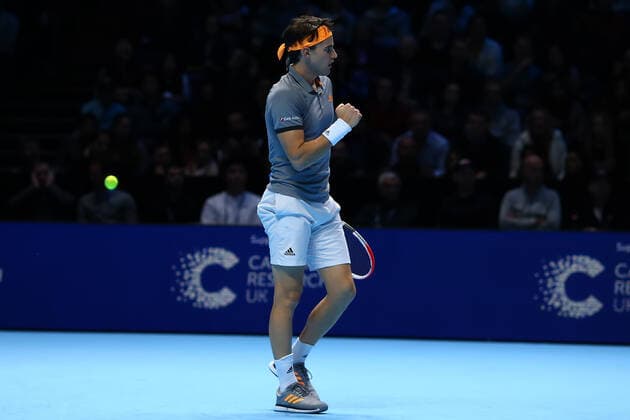 10th November 2019; 02 Arena. London, England; Nitto ATP, Tennis Herren Tennis Finals; Dominic Thiem (Austria) celebrates as he breaks the serve of Roger Federer (Switzerland) - Editorial Use  ActionPlus12186825 ShaunxBrooks