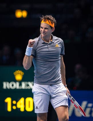 Sport Bilder des Tages Dominic THIEM (Austria) celebrates his win over Federer during his first match on day one during the Nitto ATP, Tennis Herren Tennis Finals London at The O2, London, England on 10 November 2019. Copyright: xAndyxRowlandx PMI-3191-0023