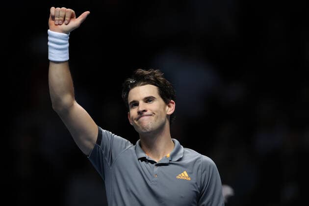10th November 2019; 02 Arena. London, England; Nitto ATP, Tennis Herren Tennis Finals; Dominic Thiem (Austria) celebrates as he beats Roger Federer (Switzerland) 2 sets to love - Editorial Use  ActionPlus12186929 ShaunxBrooks