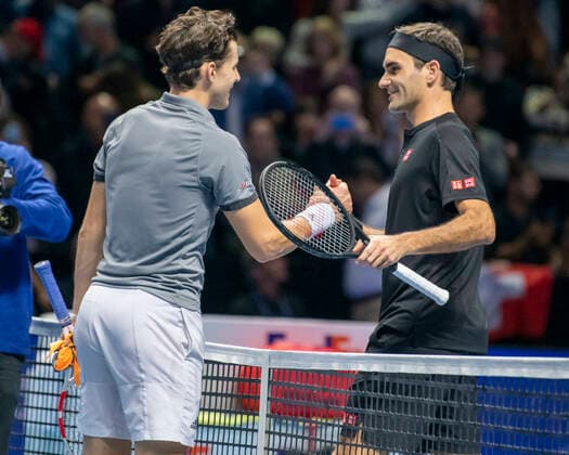 ATP, Tennis Herren Finals 2019 LONDRES, LO - 10.11.2019: ATP FINALS 2019 - Dominic Thiem and Roger Federer after Thiem won 2-0 at the ATP Finals at Arena 02 in London, England. (Photo: Richard Callis Fotoarena) x1828910x  RichardxCallis