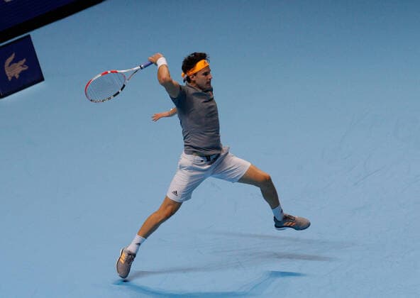 10th November 2019; O2 Arena, London, England; Nitto ATP, Tennis Herren Tennis Finals; Dominic Thiem (AUT) plays a forehand shot in his match against Roger Federer (SUI) - Editorial Use  ActionPlus12186945 HongboxChen