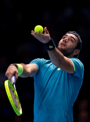(191111) -- LONDON, Nov. 11, 2019 -- Matteo Berrettini of Italy serves during the singles group match against Novak Djokovic of Serbia at the ATP, Tennis Herren World Tour Finals 2019 in London, Britain on Nov. 10, 2019. ) (SP)BRITAIN-LONDON-TENNIS-ATP FINALS-DAY 1 HanxYan 