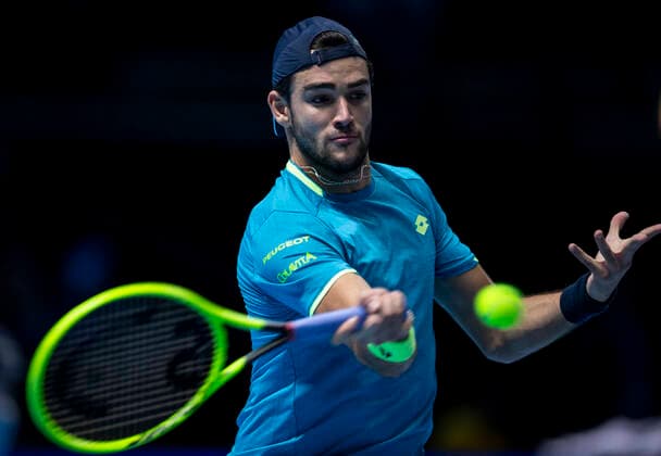 (191111) -- LONDON, Nov. 11, 2019 -- Matteo Berrettini of Italy returns a shot during the singles group match against Novak Djokovic of Serbia at the ATP, Tennis Herren World Tour Finals 2019 in London, Britain on Nov. 10, 2019. ) (SP)BRITAIN-LONDON-TENNIS-ATP FINALS-DAY 1 HanxYan 