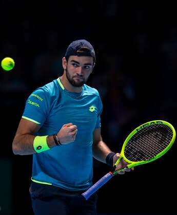 (191111) -- LONDON, Nov. 11, 2019 -- Matteo Berrettini of Italy reacts during the singles group match against Novak Djokovic of Serbia at the ATP, Tennis Herren World Tour Finals 2019 in London, Britain on Nov. 10, 2019. ) (SP)BRITAIN-LONDON-TENNIS-ATP FINALS-DAY 1 HanxYan 