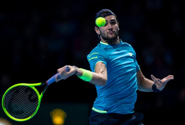 (191111) -- LONDON, Nov. 11, 2019 -- Matteo Berrettini of Italy returns a shot during the singles group match against Novak Djokovic of Serbia at the ATP, Tennis Herren World Tour Finals 2019 in London, Britain on Nov. 10, 2019. ) (SP)BRITAIN-LONDON-TENNIS-ATP FINALS-DAY 1 HanxYan 