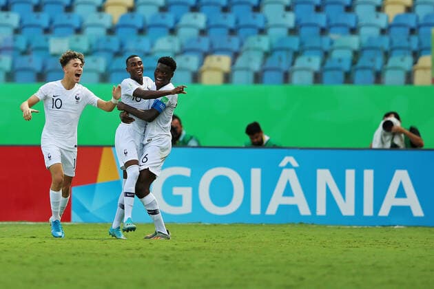 11th November 2019; Olimpico Pedro Ludovico Stadium, Goiania, Goias, Brazil; FIFA U-17 World Cup Brazil 2019, Spain versus France; Isaac Lihadji of France celebrates his goal with Adil Aouchiche and Lucien Agoume in the 46th minute 1-3 - Editorial Use  ActionPlus12187352 HeulerxAndrey