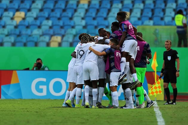 11th November 2019; Olimpico Pedro Ludovico Stadium, Goiania, Goias, Brazil; FIFA U-17 World Cup Brazil 2019, Spain versus France; Players of France celebrates goal scored by Isaac Lihadji in the 46th minute 1-3 - Editorial Use  ActionPlus12187353 HeulerxAndrey