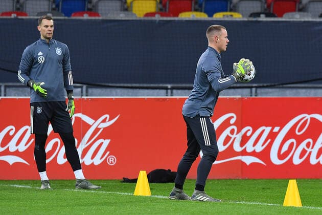 Football Training National Team on 14 11 2019 in the Merkur Spiel Arena in Düsseldorf Manuel Neuer Deutschland , left Marc Andre ter Stegen Germany , right DFB regulations prohibit any use of photographs as image sequences and or quasi video xRx
