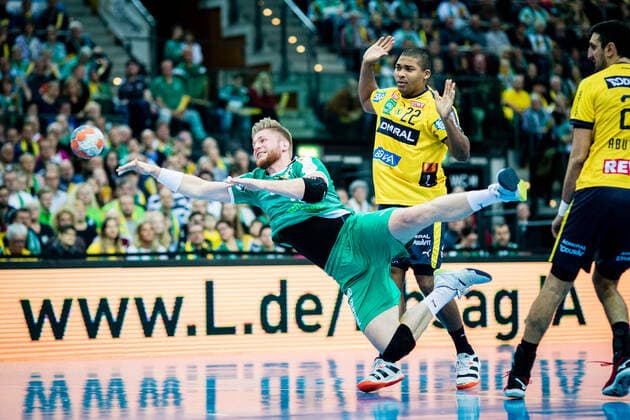 Maciej Gebala 28 SC DHFK Leipzig , Mads Mensah 22 Rhein Neckar Loewen during the season 2019 2020 in the 1 Handball Bundesliga Men between SC DHfK Leipzig and Rhein Neckar Löwen in the Arena Leipzig on 14 November 2019 in Leipzig, Saxony, Germany