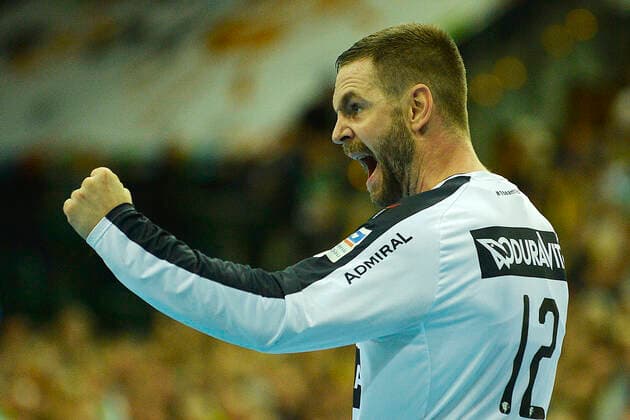 1 Handball Bundesliga 2019 2020, Match 1 13 112, 13 Matchday, SC DHfK Leipzig vs. Rhein Neckar Löwen 14 11 2019 Andreas Palicka Tormann Rhein Neckar Loewen, back number 12 cheers after a parade at Handball Bundesliga Match Leipzig vs. Rhein Neckar Löwen 14 11 2019 Leipzig Sachsen Deutschland Arena Leipzig Am Sportforum 2