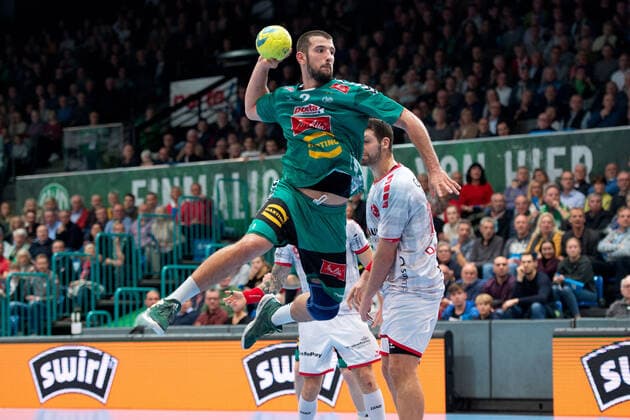 Minden, Germany 14 11 2019 1 Handball Bundesliga 2019 2020 GWD Minden vs MT Melsungen Lucas Meister Minden Minden North Rhine-Westphalia Germany Kampa Halle