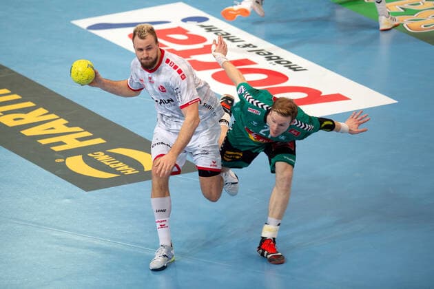 Minden, Germany 14 11 2019 1 Handball Bundesliga 2019 2020 GWD Minden vs MT Melsungen L R Julius Kühn Melsungen , Magnus Gullerud Minden Minden North Rhine-Westphalia Germany Kampa Halle