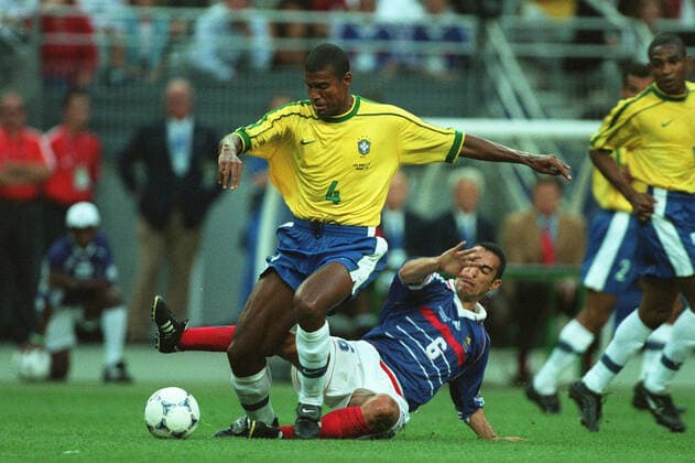 Junior Baiano, Youri Djorkaeff Brazil V France 12 July 1998  Copyright: MaryxEvansxAllstarxStewartxKendall 12129703 editorial use only