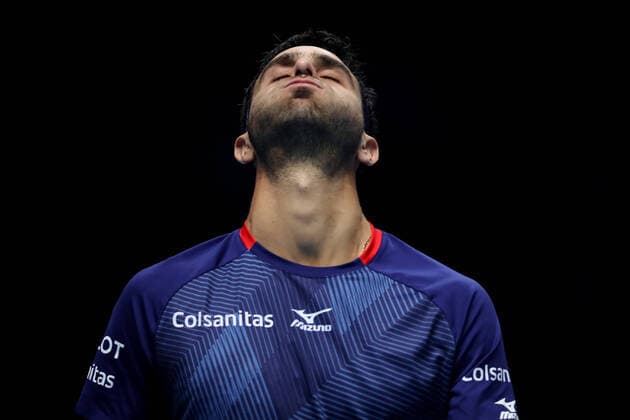 15th November 2019; 02 Arena. London, England; Nitto ATP, Tennis Herren Tennis Finals; Robert Farah (COL) reacts as his shot goes out in his doubles match against Kevin Krawietz (GER) and Andreas Mies (GER) - Editorial Use  ActionPlus12188120 ShaunxBrooks