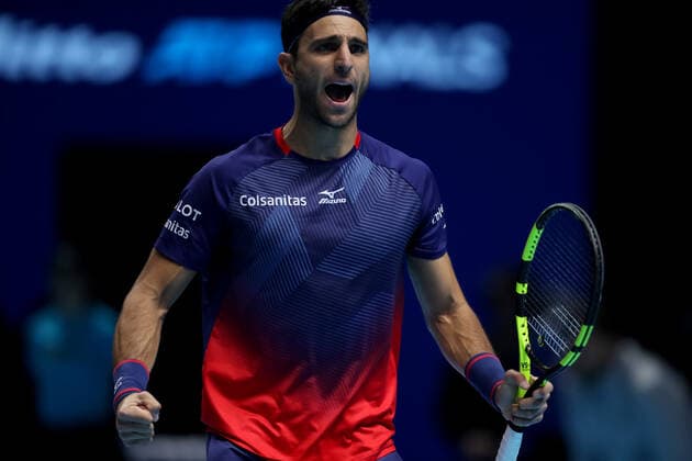 15th November 2019; 02 Arena. London, England; Nitto ATP, Tennis Herren Tennis Finals; Robert Farah (COL) celebrates as they win the first set in his doubles match against Kevin Krawietz (GER) and Andreas Mies (GER) - Editorial Use  ActionPlus12188121 ShaunxBrooks