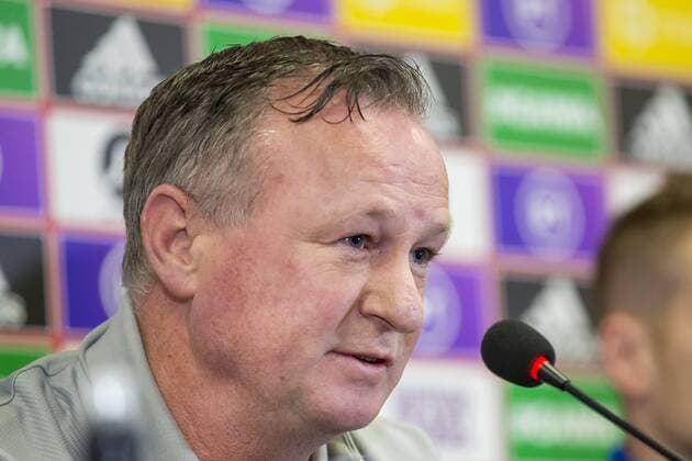 BELFAST, WIndsor Park, 15-11-2019 , season 2019 2020 , Football EURO Qualifier, EM, Europameisterschaft Northern Ireland coach Michael O Neill at press conference, PK, Pressekonferenz during the match Holland trains in Belfast Holland trains in Belfast  x5236737x Copyright: