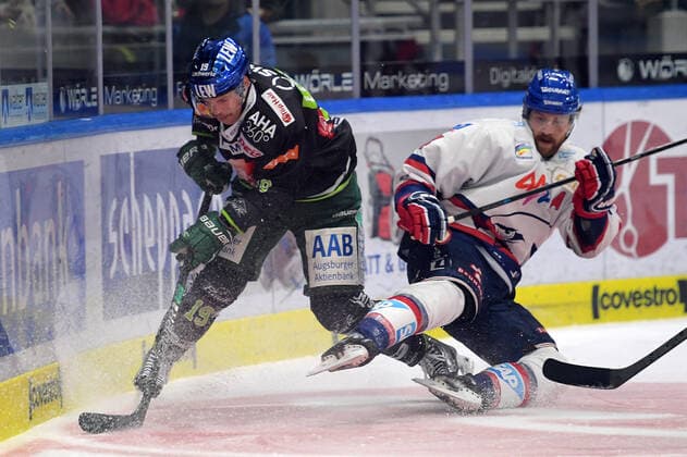 Bilder des Jahres 2019, Sport 11 November Sport Themen der Woche KW46 Sport Bilder des Tages 15.11.2019, xemx, Eishockey DEL, Augsburger Panther - Adler Mannheim emspor, v.l. Drew Leblanc (Augsburger Panther 19) und +z84 + Zweikampf, Duell, Kampf, tackle Augsburg *** 15 11 2019, xemx, ice hockey DEL, Augsburg Panther Adler Mannheim emspor, v l Drew Leblanc Augsburg Panther 19 and z84 duel, fight, tackle Augsburg