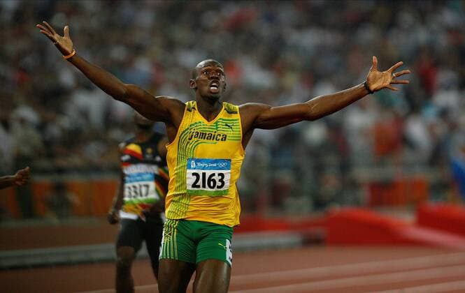 Olympia, Historie, Rückblick auf die Sommerspiele 2008 in Peking Usain Bolt Jamaica Mens 200m Final Olympic Stadium, Beijing, China 20 August 2008  Copyright: MaryxEvansxAllstarxPaulxMcfegan 12158288