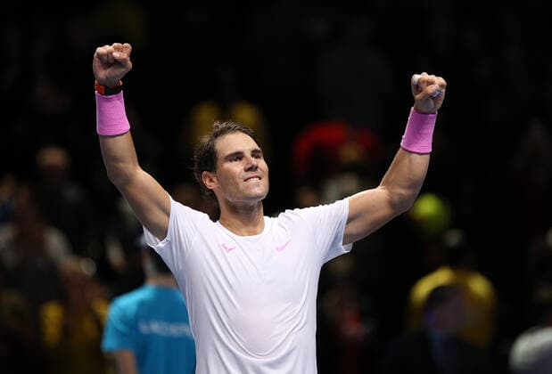 15th November 2019; O2 Arena, London, England; Nitto ATP, Tennis Herren Tennis Finals; Rafael Nadal (ESP) celebrates his victory after defeating Stefanos Tsitsipass (GRE) - Editorial Use  ActionPlus12188309 HongboxChen