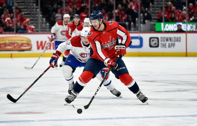 WASHINGTON, DC - NOVEMBER 15: Capitals defenseman Nick Jensen (3) stickhandles during the Montreal Canadiens vs. Washington Capitals game November 15, 2019 at Capital One Arena in Washington, D.C.. (Photo by Randy Litzinger Icon Sportswire) NHL, Eishockey Herren, USA NOV 15 Canadiens at Capitals Icon9661911151467