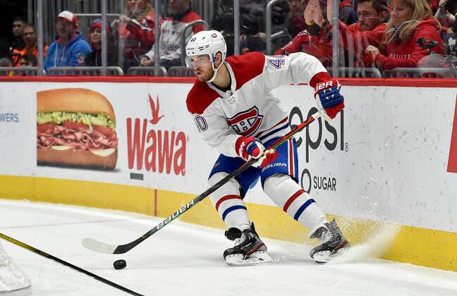 WASHINGTON, DC - NOVEMBER 15: Canadiens right wing Joel Armia (40) stops behind the net during the Montreal Canadiens vs. Washington Capitals game November 15, 2019 at Capital One Arena in Washington, D.C.. (Photo by Randy Litzinger Icon Sportswire) NHL, Eishockey Herren, USA NOV 15 Canadiens at Capitals Icon9661911151537