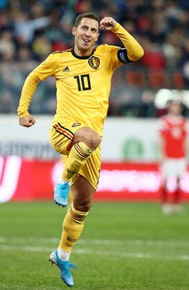 ST PETERSBURG, RUSSIA - NOVEMBER 16, 2019: Belgium s Eden Hazard reacts as he scores a goal in the 2020 UEFA European Championship, EM, Europameisterschaft Qualifying Round Group I football match between Russia and Belgium at Gazprom Arena. Peter Kovalev TASS  TS0C375D