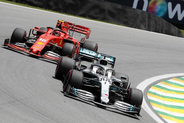 FORMULA 1 HEINEKEN GRANDE PRÃÄMIO DO BRASIL 2019 16 11 2019, Autodromo Jose Carlos Pace, Interlagos, FORMULA 1 HEINEKEN GRANDE PRÃÄMIO DO BRASIL 2019 , pictured Lewis Hamilton GB 44 , Mercedes AMG Petronas Motorsport, Charles Leclerc MCO 16 , Scuderia Ferrari Mission Winnow nordphotoxBratic nph00250