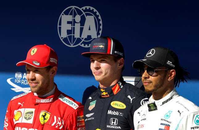 Treino classificatório GP Brasil F1 2019 SÃO PAULO, SP - 16.11.2019: TREINO CLASSIFICATÓRIO GP BRASIL F1 2019 - Sebastian VETTEL (GER) Scuderia Ferrari Mission Winnow, Max VERSTAPPEN (NED) Aston Martin Red Bull Racing and Lewis HAMILTON after official training on Saturday (16) for Formula 1 2019 GP Brazil at the Interlagos racetrack in the south of Sao Paulo. The race will take place tomorrow Sunday (17), with Mercedes driver Lewis Hamilton already champion for the sixth time. (Photo: Rodolfo Buhrer La Imagem Fotoarena) x1832390x  RodolfoxBuhrer
