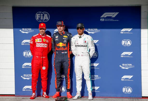 Motorsports: FIA Formula One World Championship, WM, Weltmeisterschaft 2019, Grand Prix of Brazil, 5 Sebastian Vettel (GER, Scuderia Ferrari Mission Winnow), 33 Max Verstappen (NLD, Aston Martin Red Bull Racing), 44 Lewis Hamilton (GBR, Mercedes AMG Petronas Motorsport) Sao Paulo Brazil