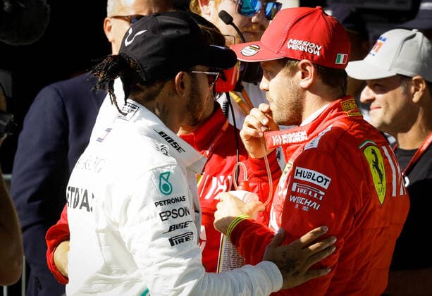 Treino classificatório GP Brasil F1 2019 SÃO PAULO, SP - 16.11.2019: TREINO CLASSIFICATÓRIO GP BRASIL F1 2019 - It will happen on Saturday (16), the qualifying training for GP Brazil Formula 1 2019, at the Interlagos racetrack, south of São Paulo. The race will take place tomorrow Sunday (17), with Mercedes driver Lewis Hamilton already champion for the sixth time. In the photo, Sebastian Vettel and Lewis Hamilton. (Photo: Aloisio Mauricio Fotoarena) x1832398x  AloisioxMauricio