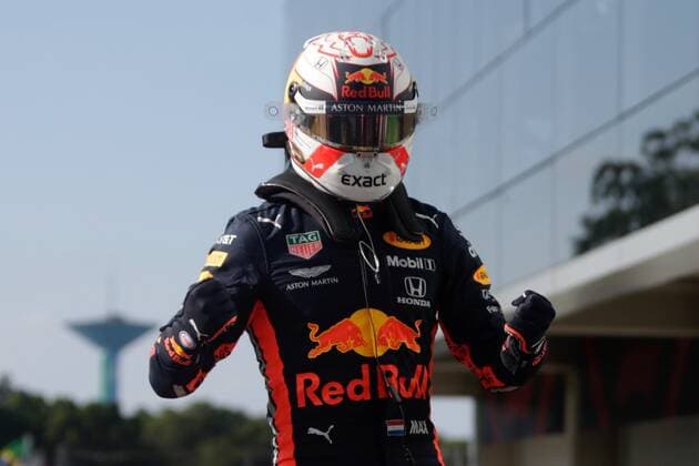Dutch Max Verstappen, of the Red Bull team, celebrates after winning the pole position for the Brazilian Grand Prix, in Sao Paulo, Brazil, 16 November 2019. Verstappen will start in the first position of the grid in the Brazilian Grand Prix, penultimate test of the Formula One World Championship, WM, Weltmeisterschaft which will be held tomorrow at the Interlagos circuit in Sao Paulo. German Sebasitan Vettel of Ferrari will accompany the Red Bull driver in the front of the grid and behind them, British Lewis Hamilton of Mercedes, who was proclaimed champion for the sixth time in the previous race. Pole position for Max Verstappen in the Brazilian Grand Prix !ACHTUNG: NUR REDAKTIONELLE NUTZUNG! Copyright: xFernandoxBizerraxJrx AME5843 20191116-637095352963112514
