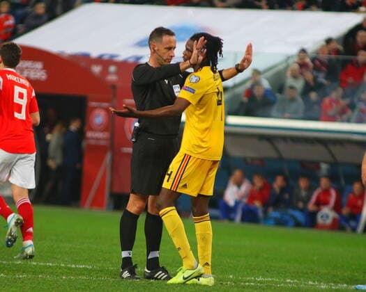 Russian Federation. Saint-Petersburg. Gazprom Arena. Football. Qualification for the European Championship, EM, Europameisterschaft 2020. 9 round group I. national team, Nationalteam of Russia national Team of Belgium. The player of national team of Russia on football Anga Dedryck Boyata MaksimxKonstantinov