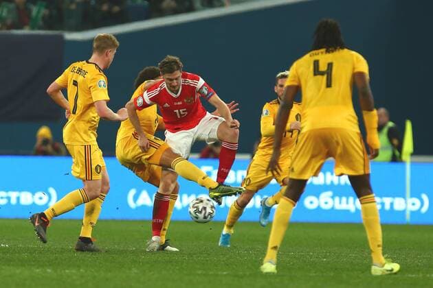 Russian Federation. Saint-Petersburg. Gazprom Arena. Football. Qualification for the European Championship, EM, Europameisterschaft 2020. 9 round group I. national team, Nationalteam of Russia national Team of Belgium. The player of national team of Russia on football Alexey Miranchuk