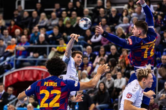 November 16, 2019, Barcelona, Barcelona, Spain: Tobias ElleboÂ¦k, 17 player of Aalborg Handbold from Denmark, during the VELUX EHF Champions League match between FC Barcelona, Barca and Aalborg Handbold on November 16, 2019 at Palau Blaugrana, in Barcelona, Spain. Handball: VELUX EHF Champions League - FC Barcelona v Aalborg Handbold - ZUMAa181 20191116_zaa_a181_068 Copyright: xAFP7x