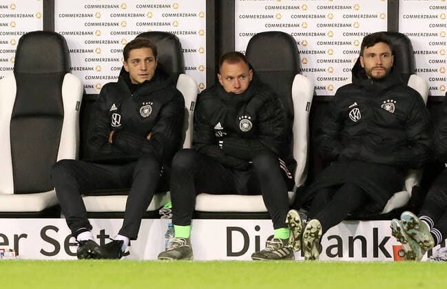 Niklas Stark, goalkeeper Marc Andre ter Stegen, Jonas Hector on the bench sports football football UEFA EM qualification international match national team DFB men season 2019 2020 16 11 2019 Germany GER vs Belarus BLR DFL regulations prohibit any use of photographs as image sequences and or quasi video