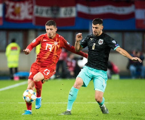 16 11 2019, Ernst Happel Stadium, Vienna, AUT, UEFA EM qualification, Austria vs. North Macedonia, Group G, pictured Enis Bardi MKD and Aleksandar Dragovic AUT during the UEFA European Championship qualification, group G match between Austria and North Macedonia at the Ernst Happel Stadium in Vienna, Austria on 2019 11 16 Vienna  EP_gru