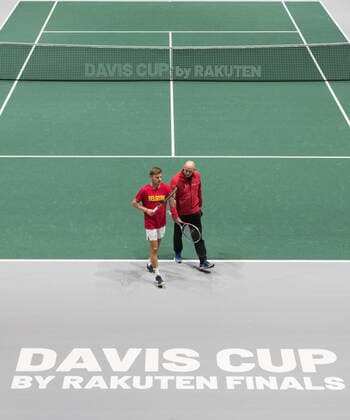 Belgian David Goffin and Belgian captain Johan Van Herck pictured during a training session ahead of the group stage of the Davis Cup World Group tennis between Colombia and Belgium, Sunday 17 November 2019, in Madrid, Spain. BENOITxDOPPAGNExPOOL  x2429551x