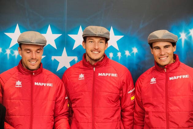Three Davis Cup tennis players to be played in Madrid, including Rafa Nadal, at the community stand in Madrid, Spain. TENNIS : Conference de presse - Coupe Davis - Espagne - Madrid - 17 11 2019 AntonioNava Panoramic 