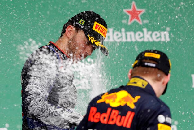 Grande Prêmio do Brasil F1 2019 SÃO PAULO, SP - 17.11.2019: GRANDE PRÊMIO DO BRASIL F1 2019 - Pierre GASLY (FRA) Red Bull Toro Rosso Honda runner-up celebrates co, Max VERSTAPPEN (NED) Aston Martin Red Bull Racing wins the Brazilian Formula 1 2019 Grand Prix, held at the Interlagos Race Track in Sao Paulo, SP. (Photo: Rodolfo Buhrer La Imagem Fotoarena) x1833325x  RodolfoxBuhrer
