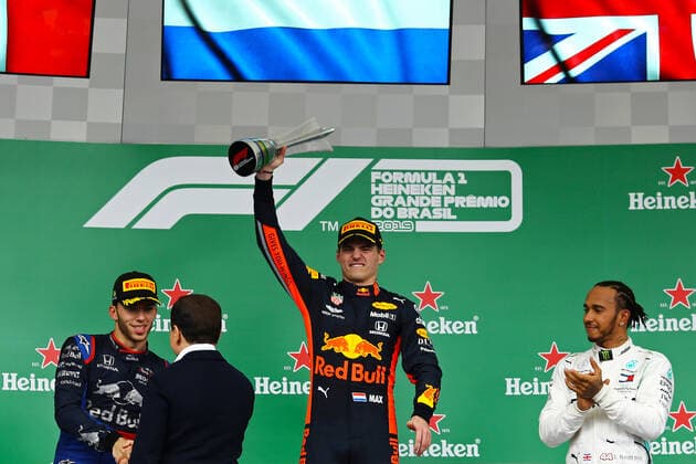 17th November 2019; Autodromo Jose Carlos Pace, Sao Paulo, Brazil; Formula One Brazil Grand Prix, Race Day; Second place, Pierre Gasly (FRA) Red Bull Racing RB15, first place Max Verstappen (NED) Red Bull Racing RB15 and third place Lewis Hamilton (GBR) Mercedes AMG F1 W10 - Editorial Use  ActionPlus12189340 HeulerxAndrey