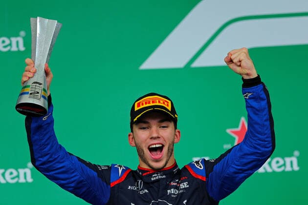 17th November 2019; Autodromo Jose Carlos Pace, Sao Paulo, Brazil; Formula One Brazil Grand Prix, Race Day; Second place, Pierre Gasly (FRA) Red Bull Racing RB15 on the podium for the first time in an F1 race- Editorial Use  ActionPlus12189348 HeulerxAndrey