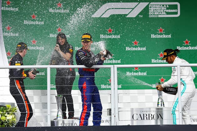 17th November 2019; Autodromo Jose Carlos Pace, Sao Paulo, Brazil; Formula One Brazil Grand Prix, Race Day; Second place, Pierre Gasly (FRA) Red Bull Racing RB15, first place Max Verstappen (NED) Red Bull Racing RB15 and third place Lewis Hamilton (GBR) Mercedes AMG F1 W10 - Editorial Use  ActionPlus12189353 HeulerxAndrey