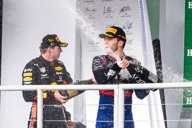 Grande Prêmio do Brasil F1 2019 SÃO PAULO, SP - 17.11.2019: GRANDE PRÊMIO DO BRASIL F1 2019 - Max Verstappen (NDL) and Pierre Gasly (FRA) celebrate victory and second place at the Formula 1 2019 Brazilian Grand Prix, held at the Interlagos Circuit in São Paulo, SP. (Photo: Victor Eleutério Fotoarena) x1833348x  VictorxEleutério