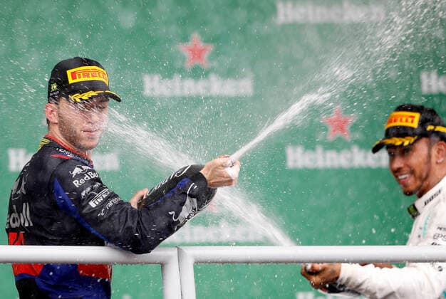 Grande Prêmio do Brasil F1 2019 SÃO PAULO, SP - 17.11.2019: GRANDE PRÊMIO DO BRASIL F1 2019 - Pierre GASLY (FRA) Red Bull Toro Rosso Honda celebrates his second place finish with Lewis HAMILTON, who was third during the 2019 Formula One Brazilian Grand Prix, held at the Interlagos Circuit in Sao Paulo, SP. (Photo: Rodolfo Buhrer La Imagem Fotoarena) x1833351x  RodolfoxBuhrer