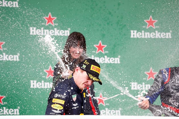 FORMULA 1 HEINEKEN GRANDE PRÃäMIO DO BRASIL 2019 17 11 2019, Autodromo Jose Carlos Pace, Interlagos, FORMULA 1 HEINEKEN GRANDE PRÃÄMIO DO BRASIL 2019 , in picture podium winner Max Verstappen NEL 33 , Aston Martin Red Bull Racing, 2 place for Pierre Gasly FRA 10 , Red Bull Toro Rosso Honda 3 place for Lewis Hamilton GB 44 , Mercedes AMG Petronas Motorsport nordphotoxBratic nph00250