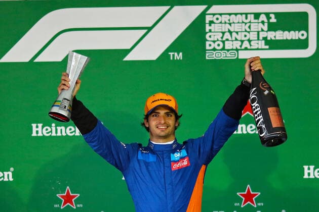 17th November 2019; Autodromo Jose Carlos Pace, Sao Paulo, Brazil; Formula One Brazil Grand Prix, Race Day; Carlos Sainz Jr (ESP) Mclaren F1 Team MCL34 celebrates third place after Lewis Hamilton (GBR) Mercedes AMG F1 W10 was penalised and demoted - Editorial Use  ActionPlus12189454 HeulerxAndrey
