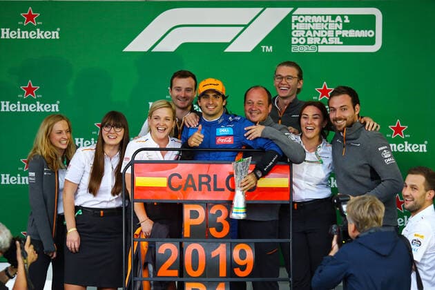 17th November 2019; Autodromo Jose Carlos Pace, Sao Paulo, Brazil; Formula One Brazil Grand Prix, Race Day; Carlos Sainz Jr (ESP) Mclaren F1 Team MCL34 celebrates third place after Lewis Hamilton (GBR) Mercedes AMG F1 W10 was penalised and demoted - Editorial Use  ActionPlus12189455 HeulerxAndrey