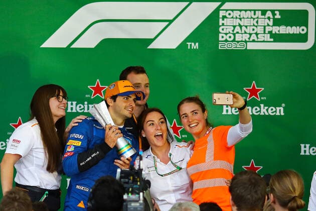 17th November 2019; Autodromo Jose Carlos Pace, Sao Paulo, Brazil; Formula One Brazil Grand Prix, Race Day; Carlos Sainz Jr (ESP) Mclaren F1 Team MCL34 celebrates third place after Lewis Hamilton (GBR) Mercedes AMG F1 W10 was penalised and demoted - Editorial Use  ActionPlus12189456 HeulerxAndrey