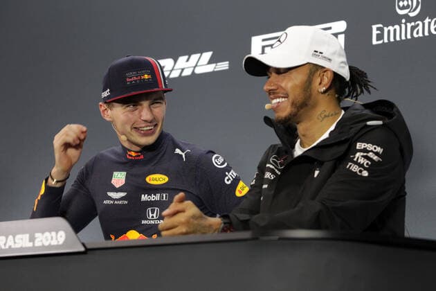 Photo4 LaPresse 17 11 2019 Sao Paulo, Brazil Grand Prix Formula One Brazil 2019 In the pic: Max Verstappen (NED) Red Bull Racing RB15 and Lewis Hamilton (GBR) Mercedes AMG F1 W10  Copyright: xPhoto4 LaPressex